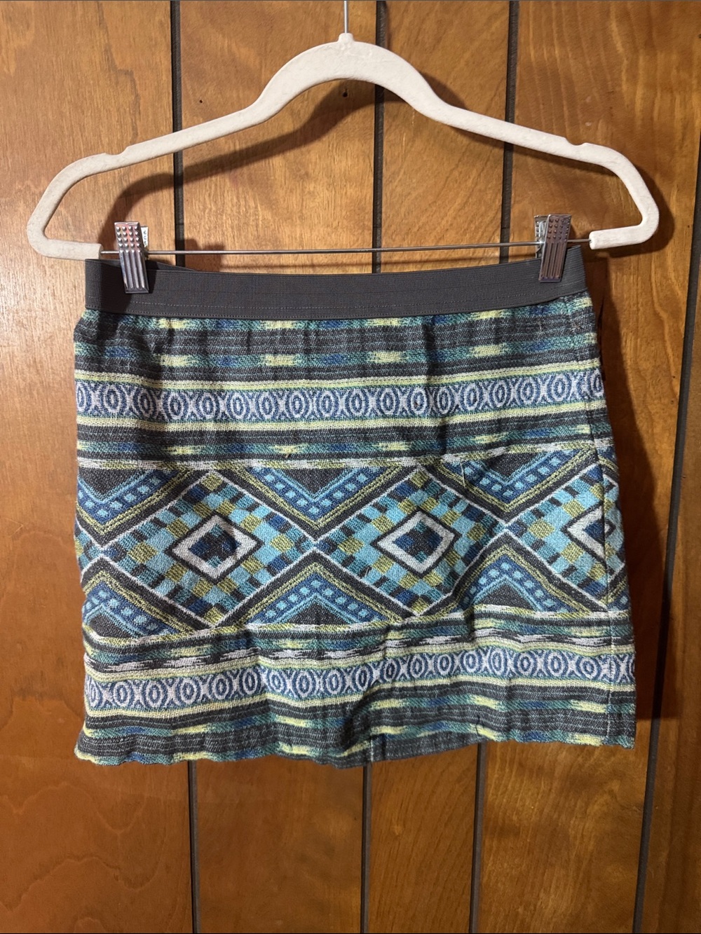 Patterned Blue & Green Knit Mini Skirt